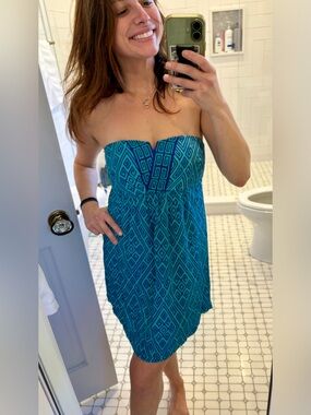 Alice & Trixie 100% Silk Strapless Blue Geometric Dress Sz S